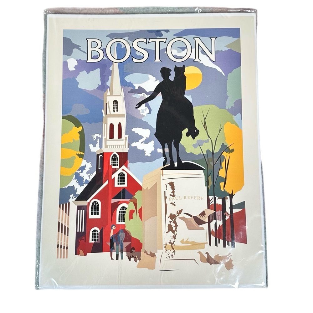 ART DECO Boston, MA Paul Revere Statue & Old North Church 60’s Re-Print Poster